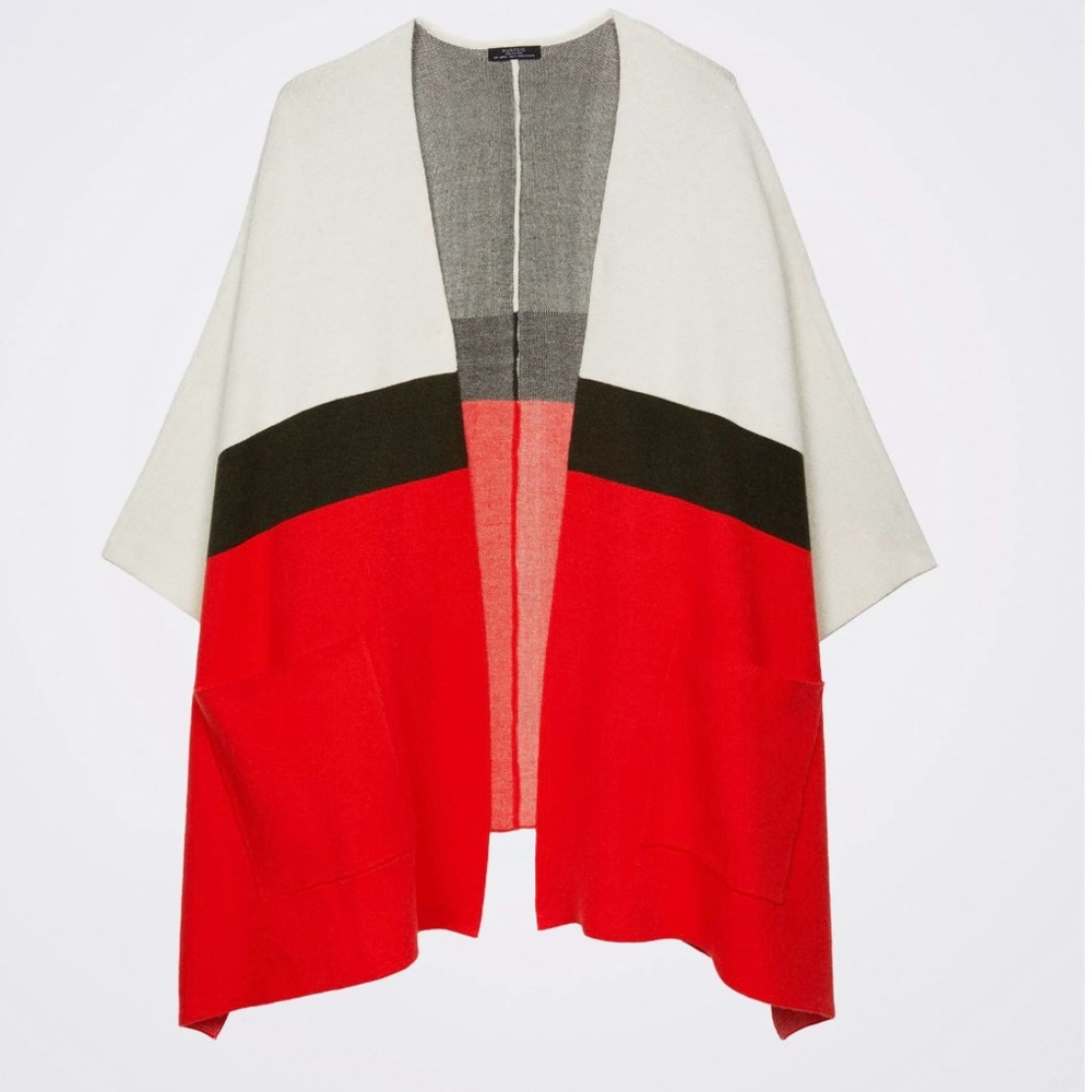 Red and Black Color Block Poncho‎ with Open Front